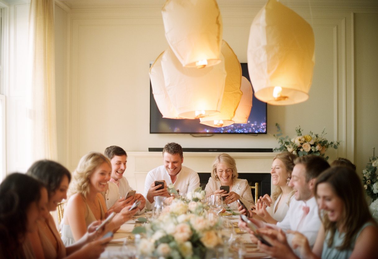 Guests sending glowing wish lanterns to the TV from their phones