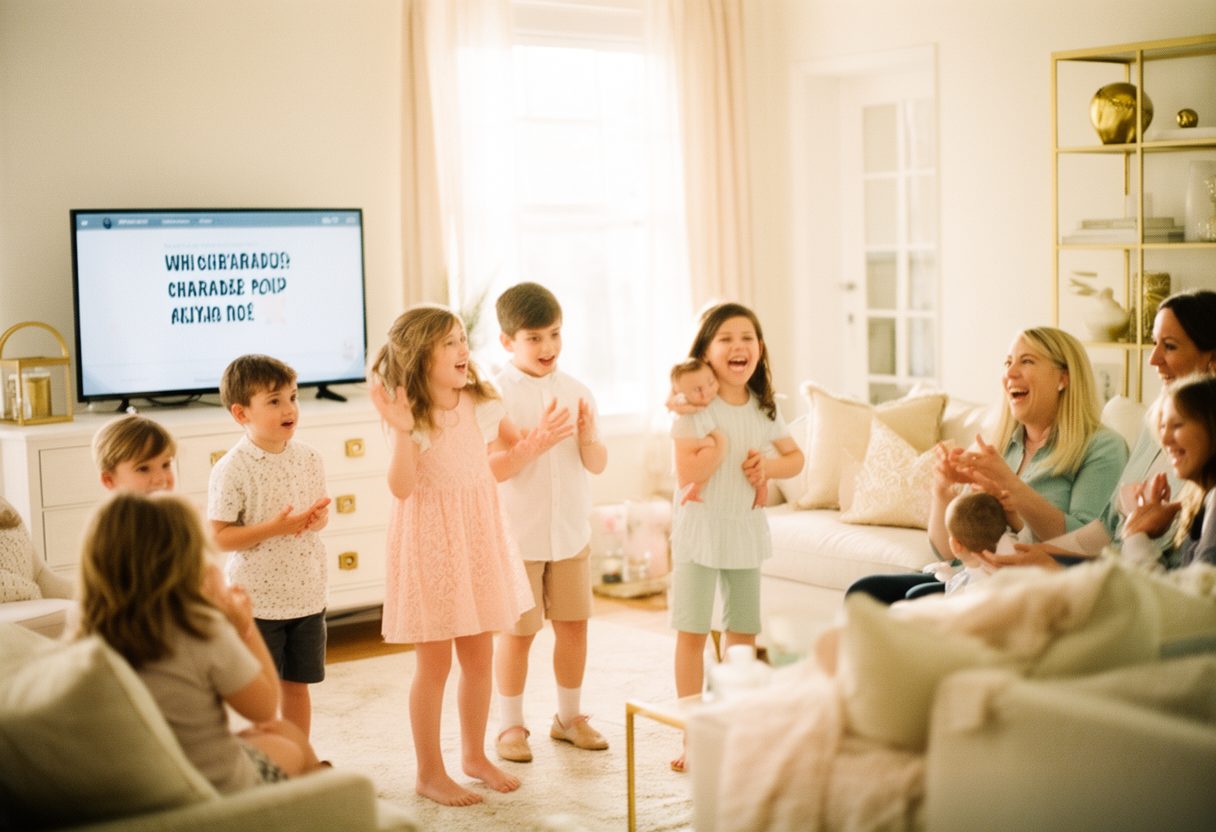 Children acting out a prompt from the TV while adults guess