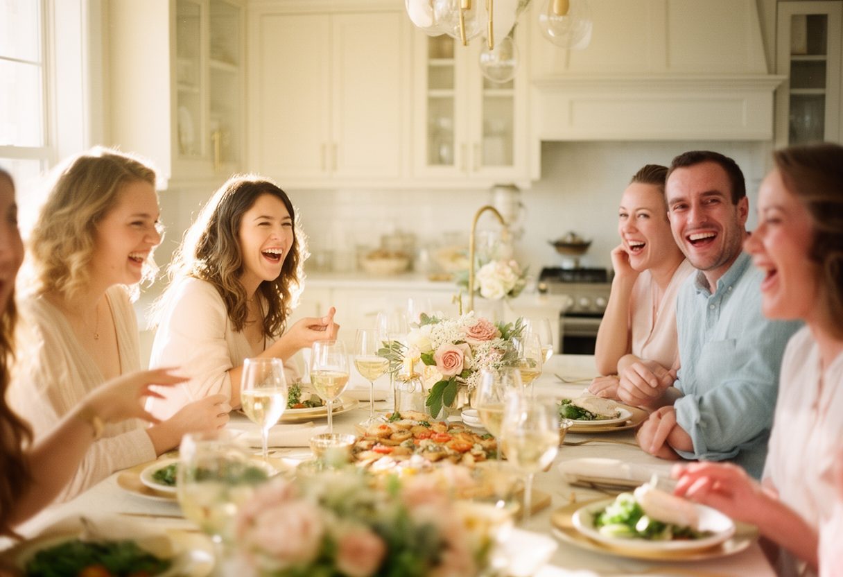 Friends laughing in a bright kitchen