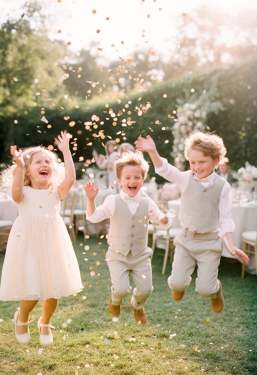 Children jumping in falling confetti