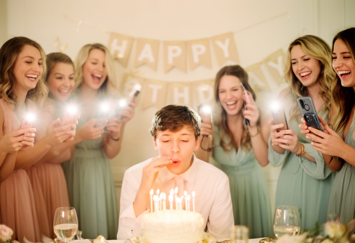 A teenager blowing out birthday candles among friends