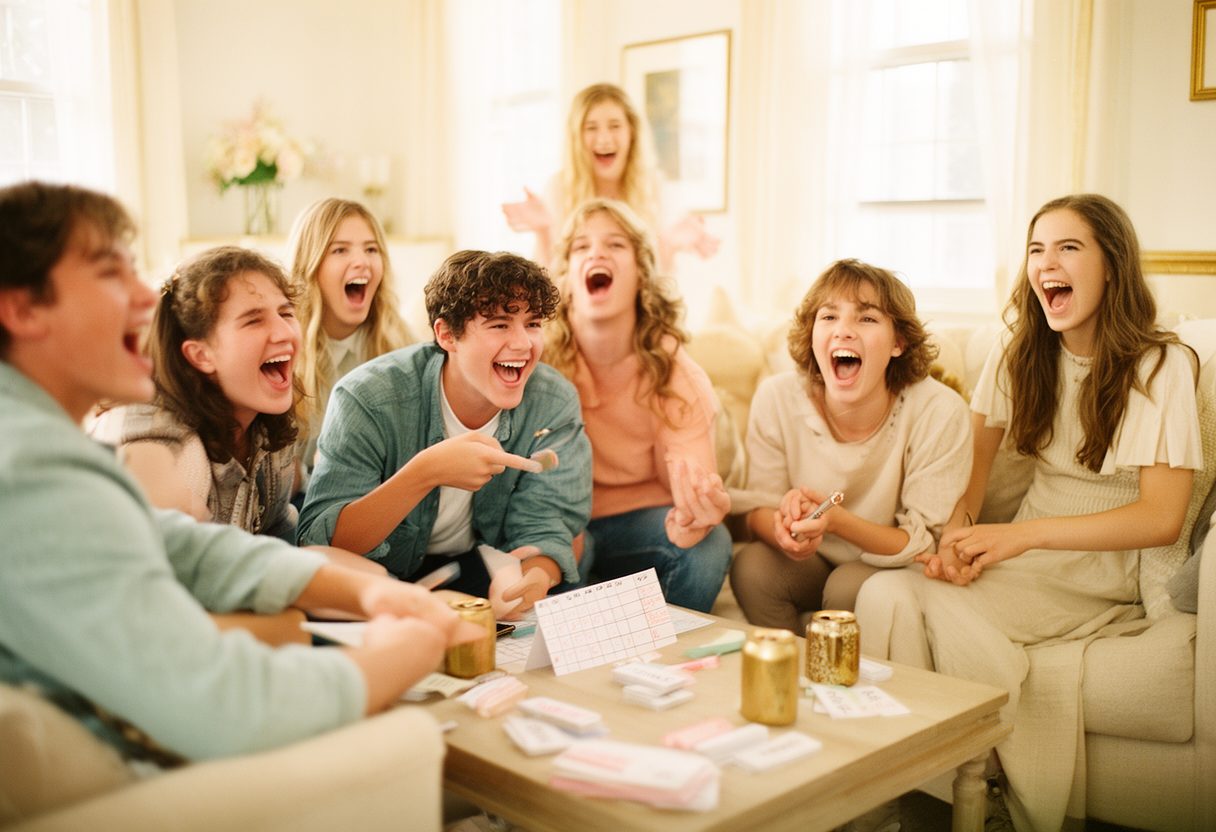 Teenagers shouting answers during a party game