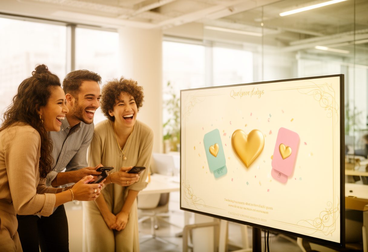 Colleagues in a modern office playing a party game together